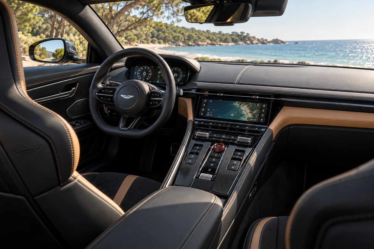 Aston Martin DB12 S-interiør med tændte digitale skærme