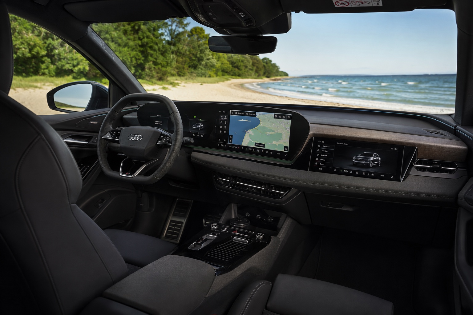 Audi Q6 e-tron-kabine set fra højre bagsæde med de fabriksmonterede skærme tændt