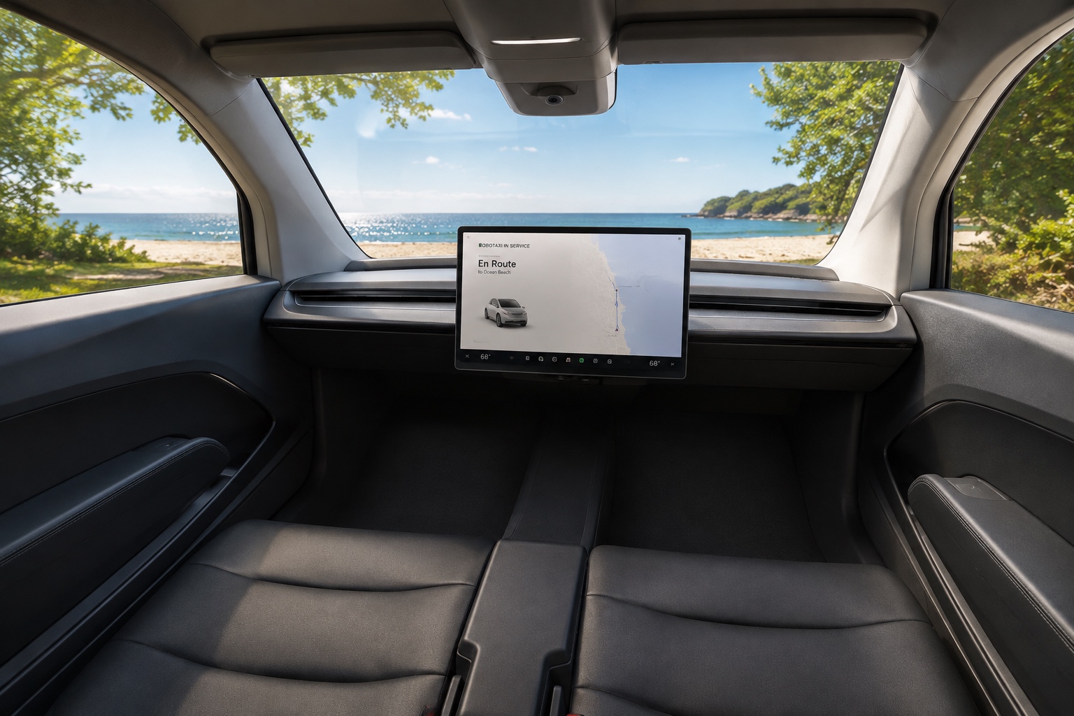 Tesla Cybercab-kabine med to passagerpladser, uden rat og pedaler og med centerskærmen tændt