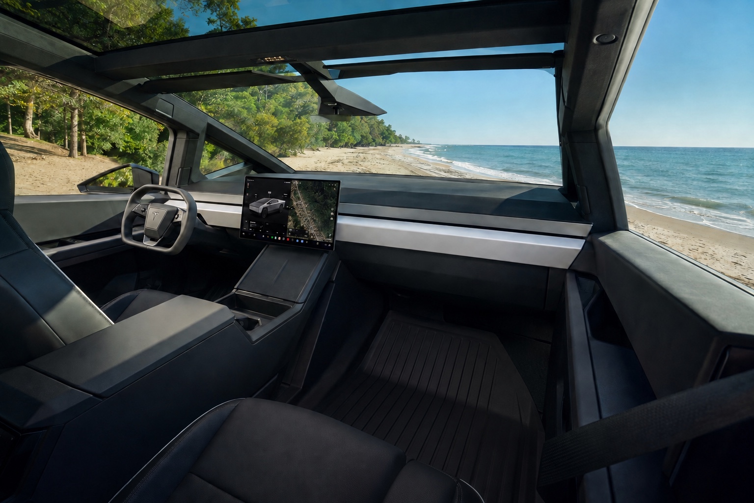 Tesla Cybertruck-kabine set skråt fra højre bagsæde med den fastmonterede skærm tændt