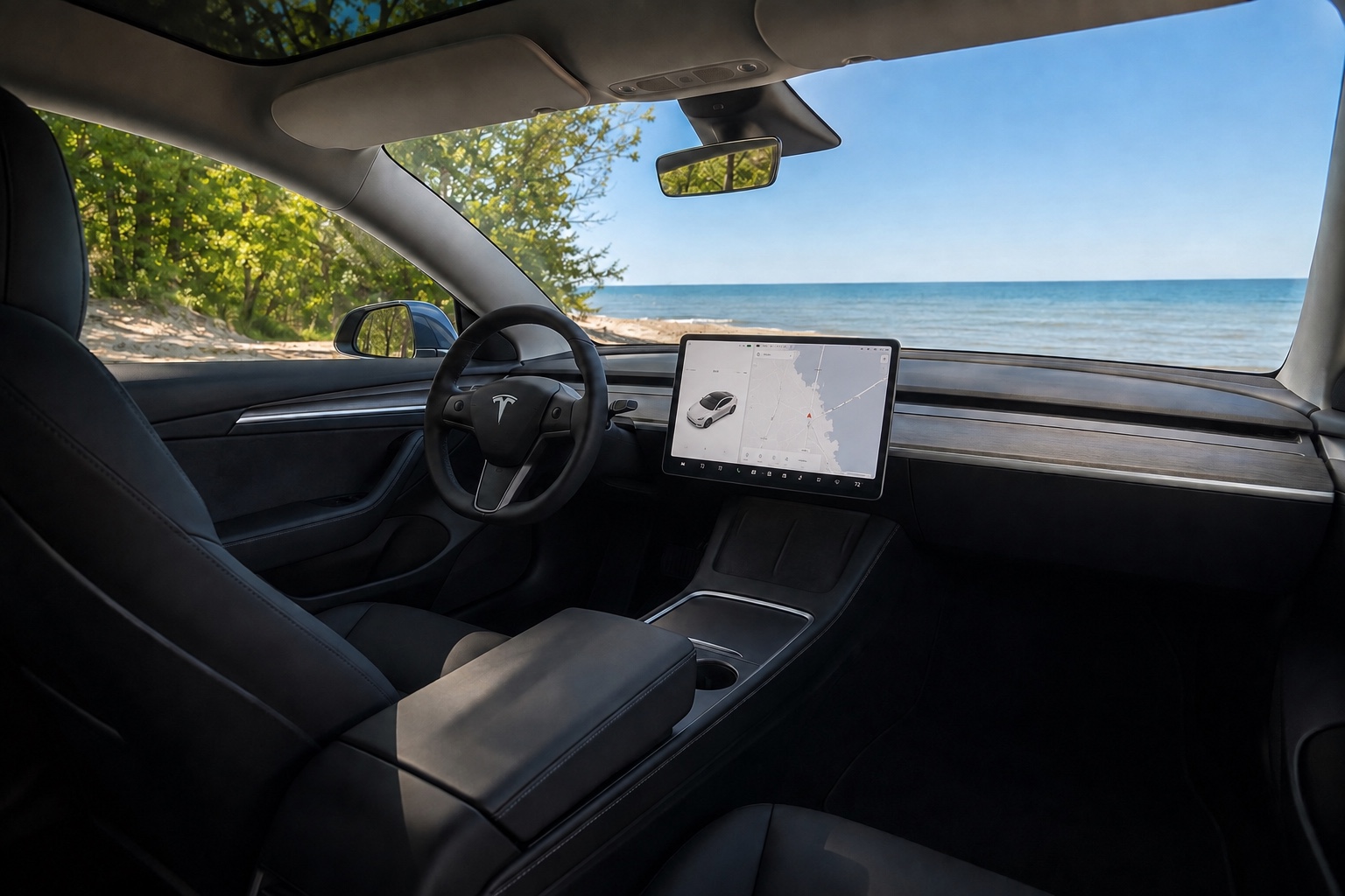 Tesla Model 3-kabine set fra højre bagsæde med førersæde, rat og tændt centerskærm