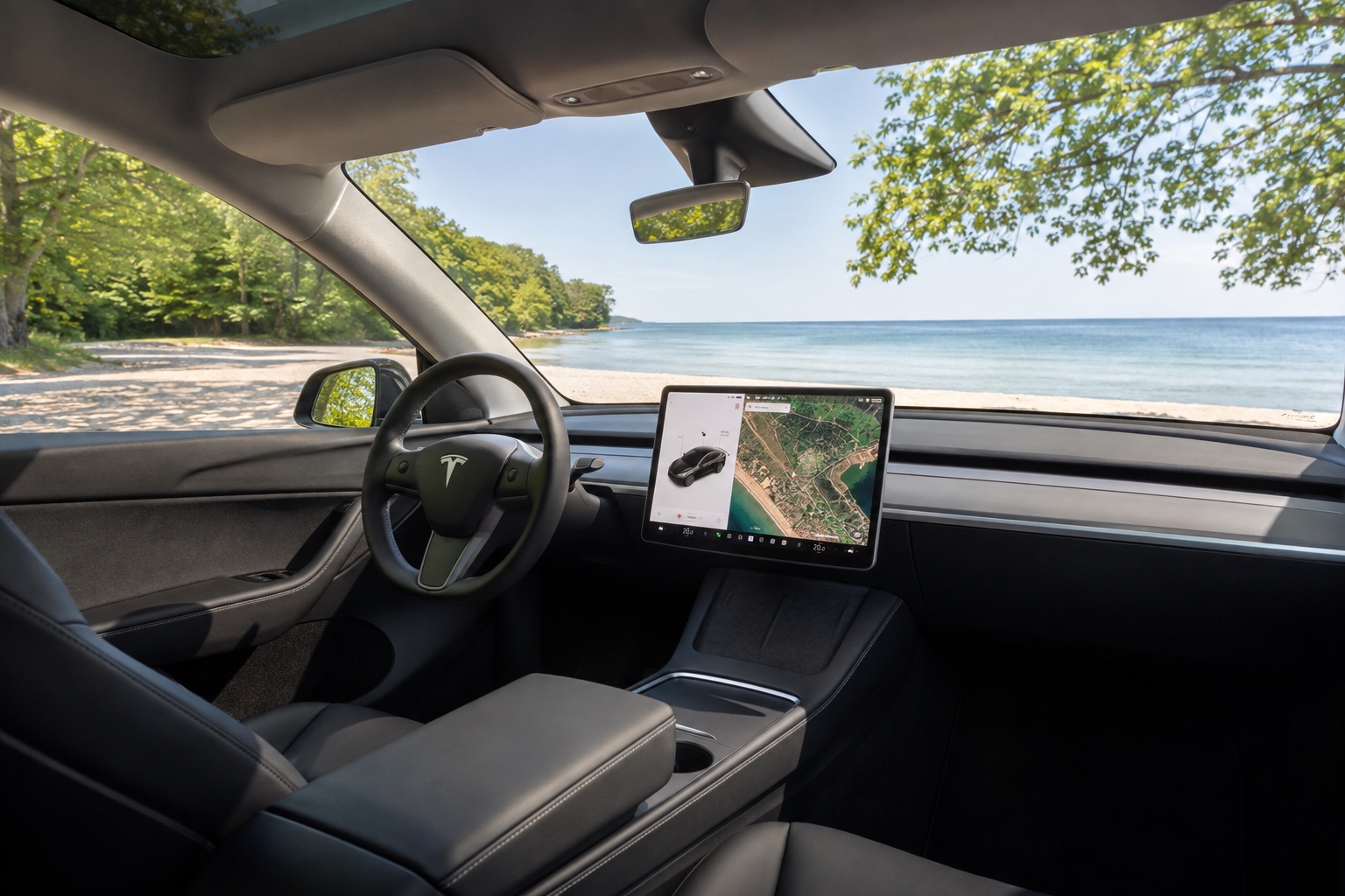 Tesla Model Y-kabine set skråt fra højre bagsæde med tændt centerskærm